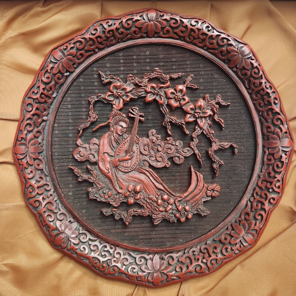 Vintage Chinese Cinnabar Sculpture Plate The Sense of Hearing Wei Cho With COA